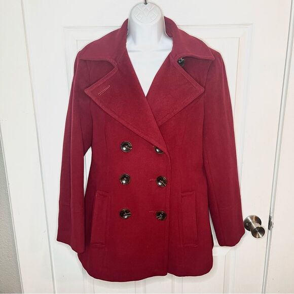 Calvin Klein Burgundy Wine Red Pea Coat Double Breasted Winter Wool Blend 10 - Picture 5 of 13